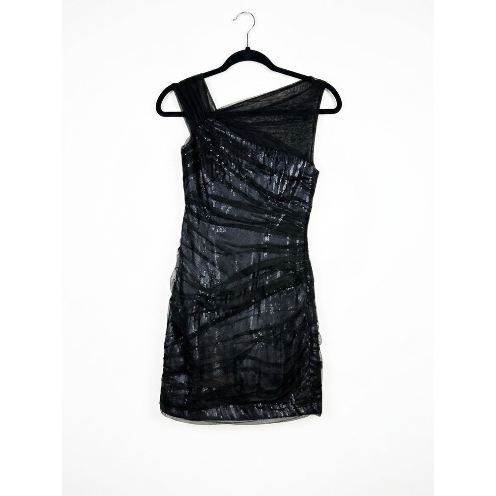 Cynthia Steffe Black Sequin Mesh Ruched One Shoulder Mini Cocktail Dress Size 0